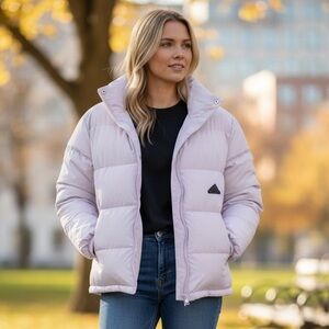 $300 Unisex Adidas Puffer Duck Down Feather Jacket Lavender Black Logo Sz Large